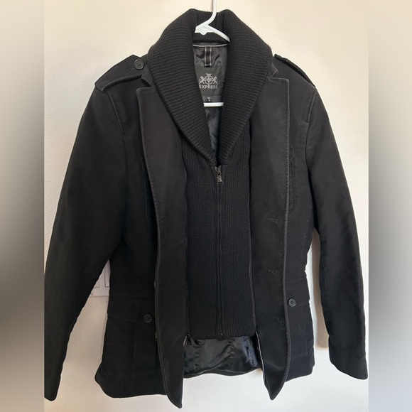 EXPRESS Men’s Heavy Weight Military Style Peacoat Black Jacket Cotton Sz Medium - Picture 3 of 9